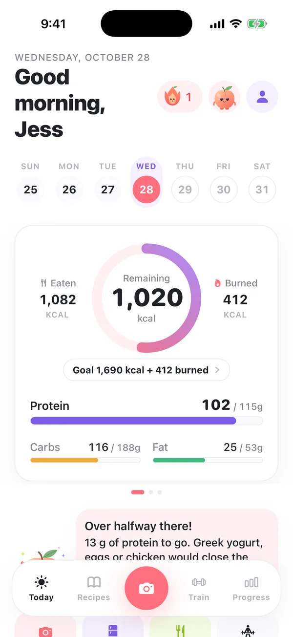 Peachi Today screen with calorie ring and protein bar